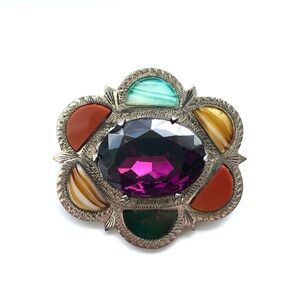 Scottish sterling silver mid-century brooch with glass amethyst and agates